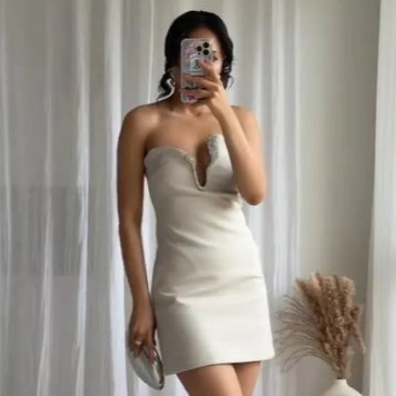 Sexy Asymmetric Rhinestone Short Skirt Set Women Solid  Strapless Sleeveless Crop Tops Mini Skirts 2026 Spring Lady Elegant Gown