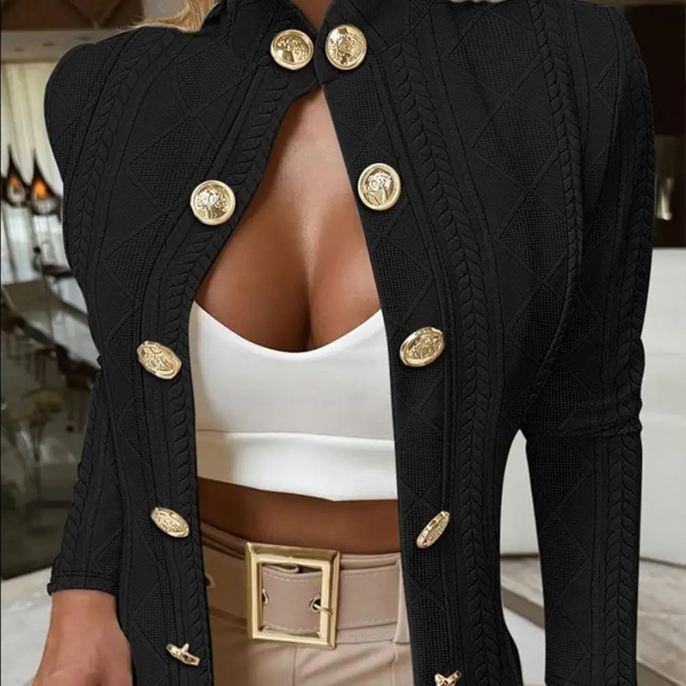 Fall Winter Women Jacket Slim Fit Metal Buttons Stand Collar Long Sleeves Jacquard Coat Solid Color OL Commuting Coat For Work