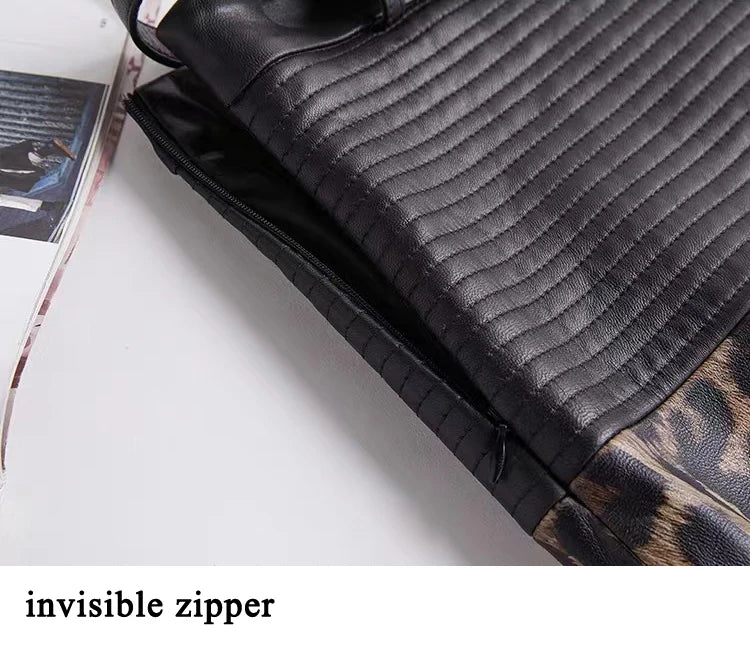 2025 New Spring Women Genuine Leather Skirt Feminino Slim Leopard Pattern Split  Wrapped Jupe Mujer Mid Length Striped Belt Saia