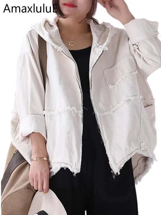 Amax luluE Korean Womens Loose Outerwear Fashion Coats Ladies Hooded Clothes Vintage Spring Jackets Oversized Denim Streetwear