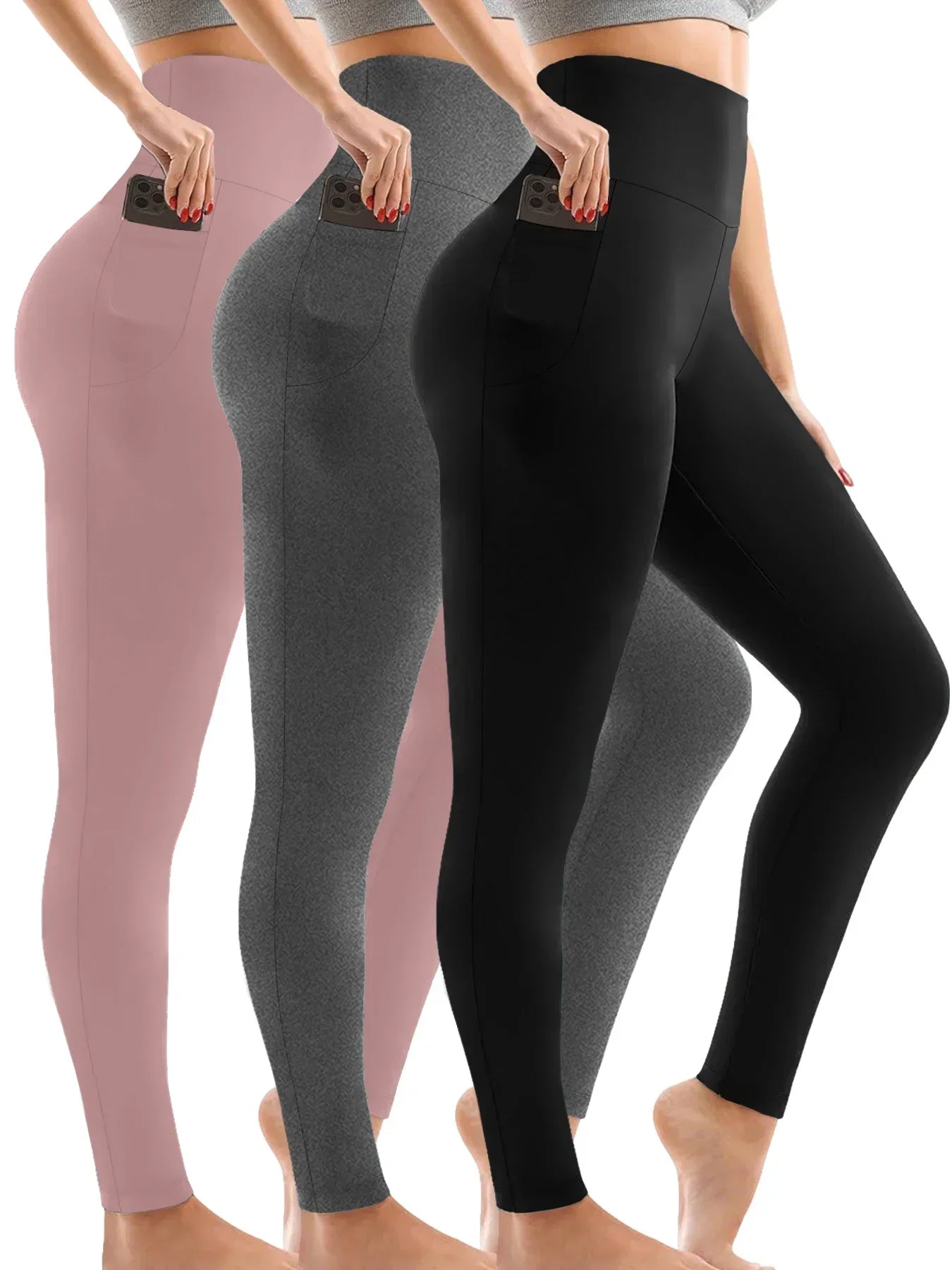 3 Pack Super Soft Leggings with Pockets for Women, High Waisted Tummy Control Workout Yoga Running Pants Leggings