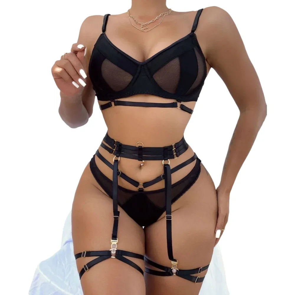 Fashion Black Bra Set Women Patchwork See Through Mesh Lingerie Set Ladies Sexy Panty Garters Transparent Underwear Set