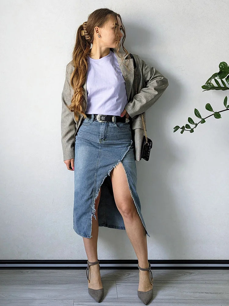 Streamgirl Irregular Split Denim Skirts For Women Midi Summer Casual Tassel Denim Skirt Lady Sexy A Line Jeans Skirt Women 2024