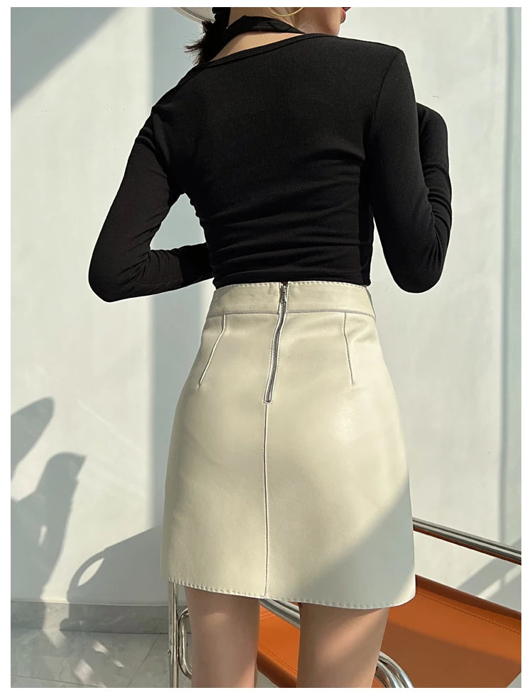 Moda Linda Lambskin Mini Skirts Women Handmade Arch Needle High Waist Wrap Leather Etek Khaki Double Breasted Metal Button Jupe