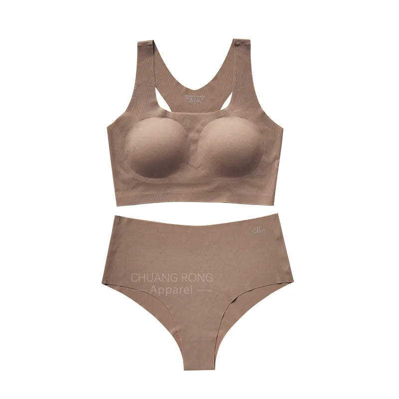 Hot Sale High Quality Latest Design Us Size Stylish Solid Ice Silk Seamless Wireless Bras And Women Underwear Set