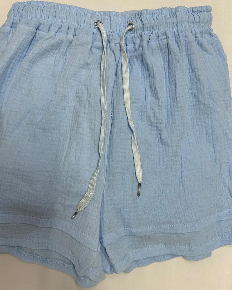 Summer Women's Suit Short Sets Outfits Muslin Suit For Women 2025 Two Piece Female Clothing Solid Button Outfits