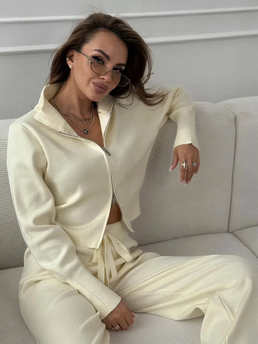 Wolfeel  New Autumn Winter Zip Up Knit Pants Set Women's Trendy Slim Fit Cardigan Pants Chic Commuting Sweater Outfit
