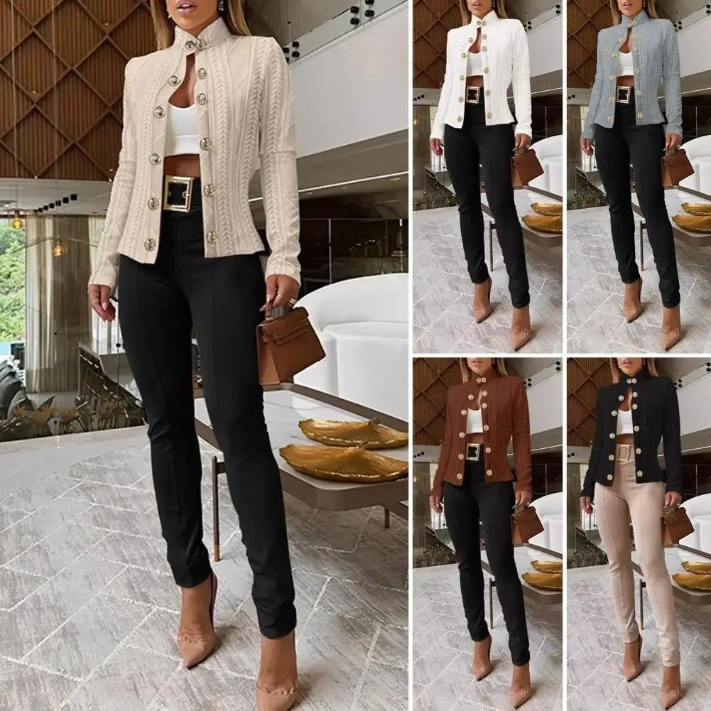 Fall Winter Women Jacket Slim Fit Metal Buttons Stand Collar Long Sleeves Jacquard Coat Solid Color OL Commuting Coat For Work