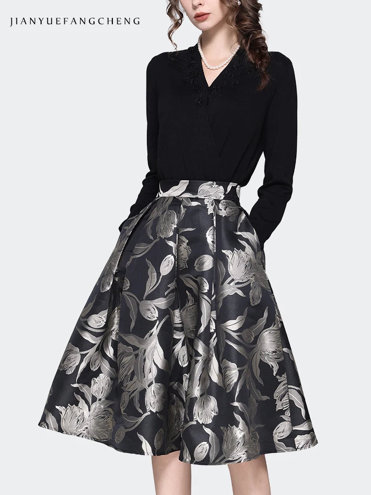 Women Grey Floral Mid-length Skirt 2024 Spring New HIgh Waist A-Line Pleated Knee-length Skirts With Pockets Tutu Skirts