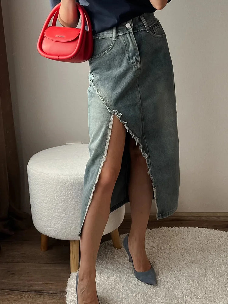 Streamgirl Irregular Split Denim Skirts For Women Midi Summer Casual Tassel Denim Skirt Lady Sexy A Line Jeans Skirt Women 2024