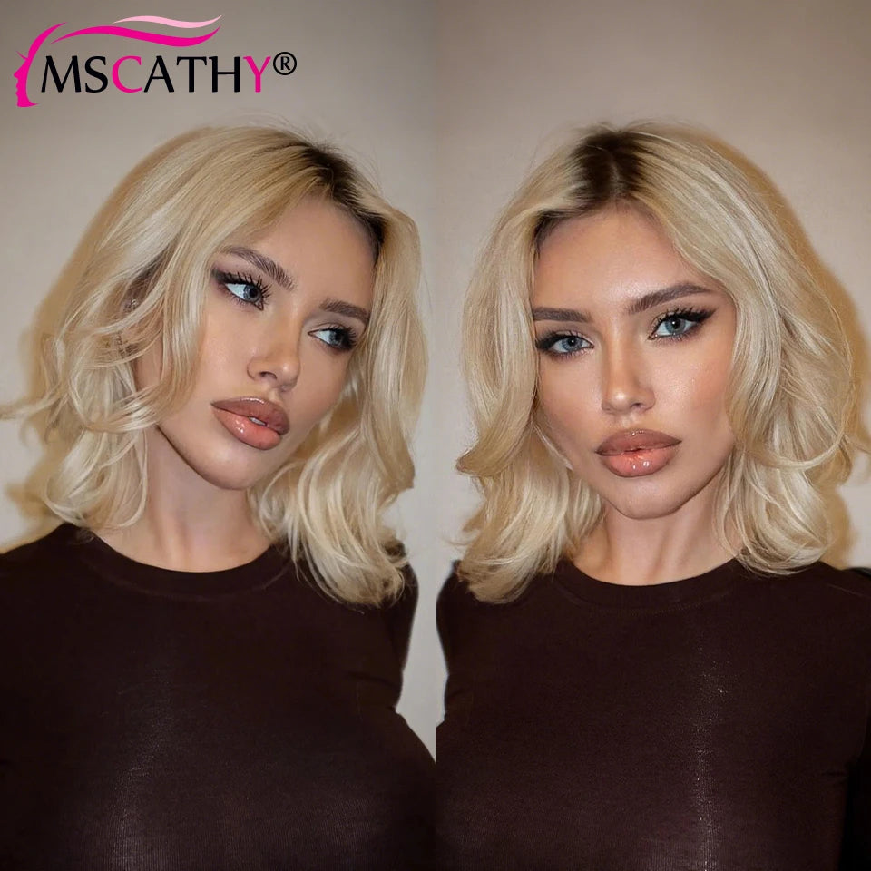 Ash Blonde Ombre Human Hair Wigs For Women Body Wave HD Transparent Lace Frontal Wig Brazilian Remy Hair Short Bob Wig Pre Pluck