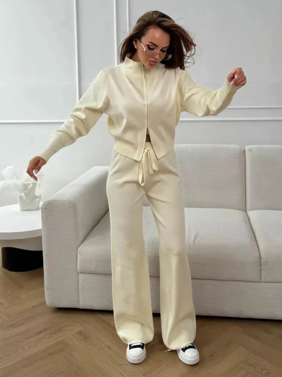 Wolfeel  New Autumn Winter Zip Up Knit Pants Set Women's Trendy Slim Fit Cardigan Pants Chic Commuting Sweater Outfit
