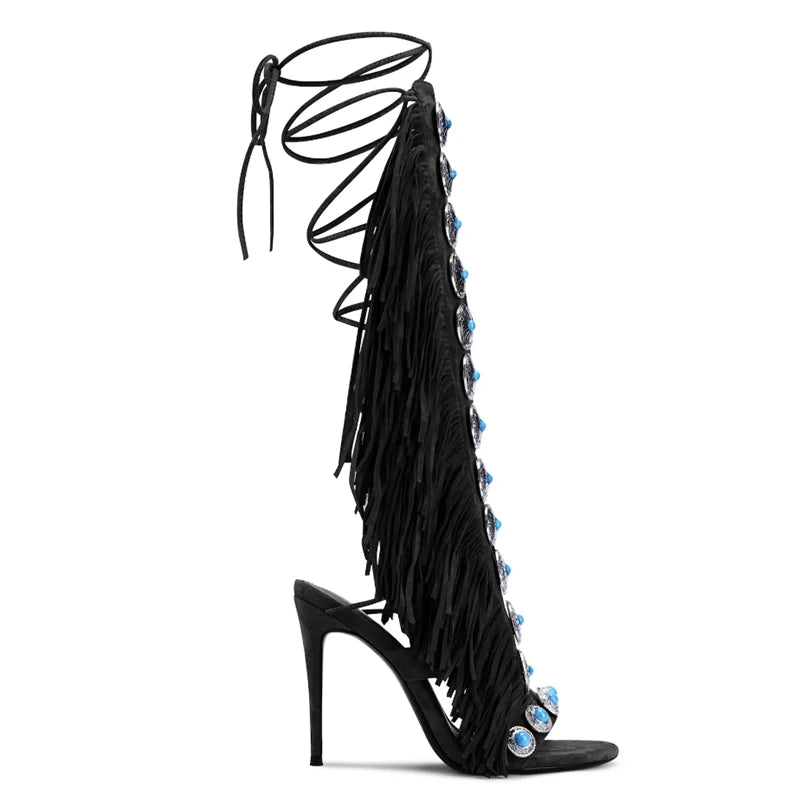 Real cow suede leather  tassels women sandal peep toe jewel lace up 10cm high heels