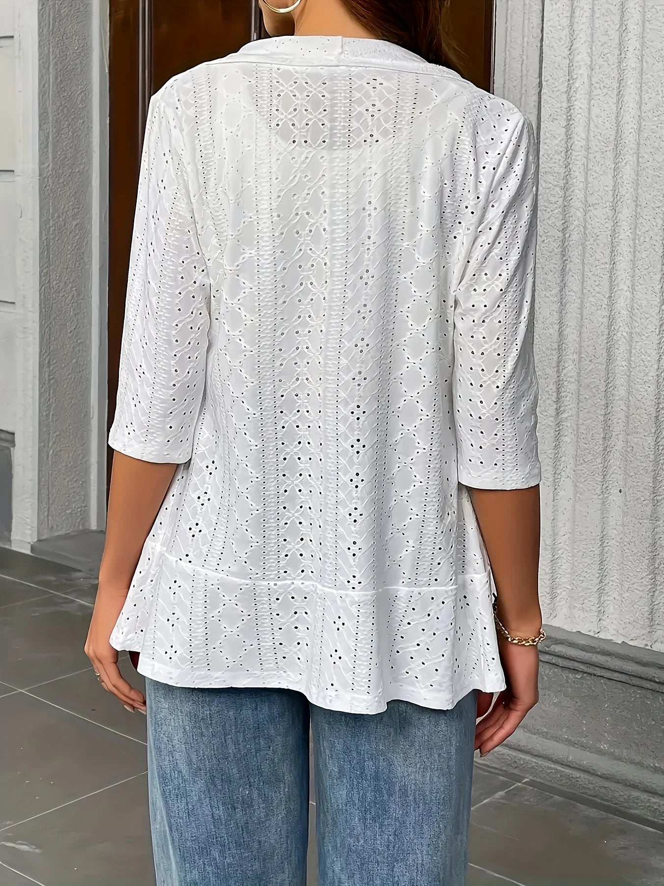 Women's Eyelet Embroidery Blazer Open Front 3/4 Sleeve Lightweight Casual Office Cardigan