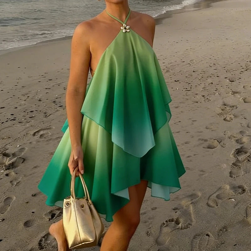 Women Ruffles Halter Neck Mini Dress Summer Mock Neck Open Back Tiered Dress Y2K Backless Mesh Layered Going Out Dresses