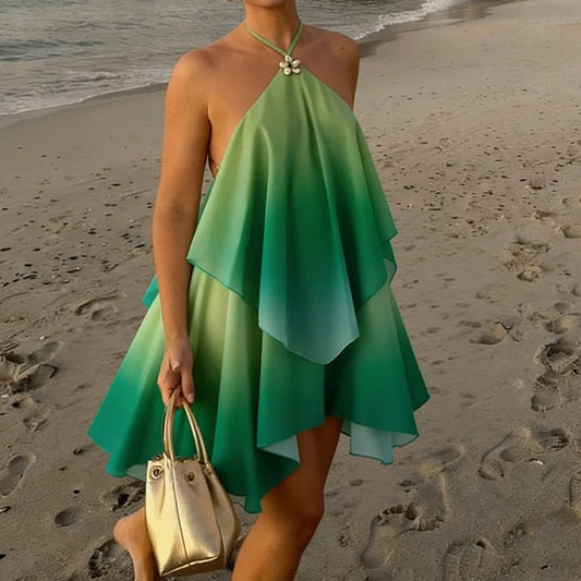 Women Ruffles Halter Neck Mini Dress Summer Mock Neck Open Back Tiered Dress Y2K Backless Mesh Layered Going Out Dresses
