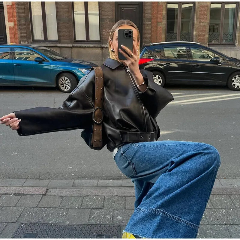 The Belted PU Bomber Jacket