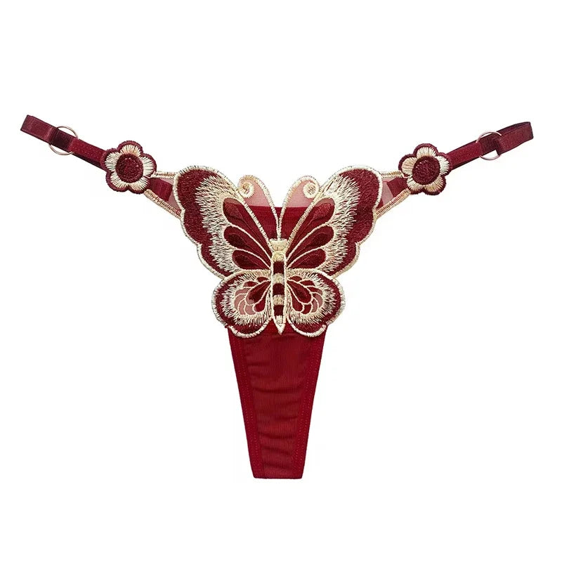 Butterfly Lace Thong for Women Low Waist G-String Transparent Mesh Panties Sexy Embroidered Briefs Adjustable Waist Culotte Femm