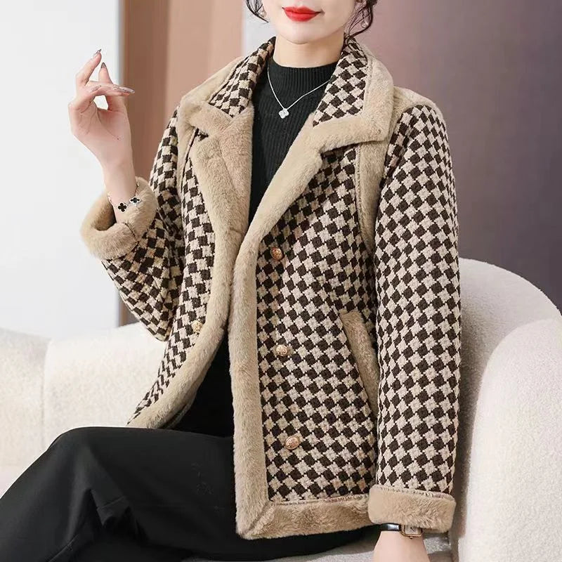 New Autumn And Winter Clothes With Velvet Padded Coat Female Short Korean Version Woolen Lattice Temperament Keep Warm Coat