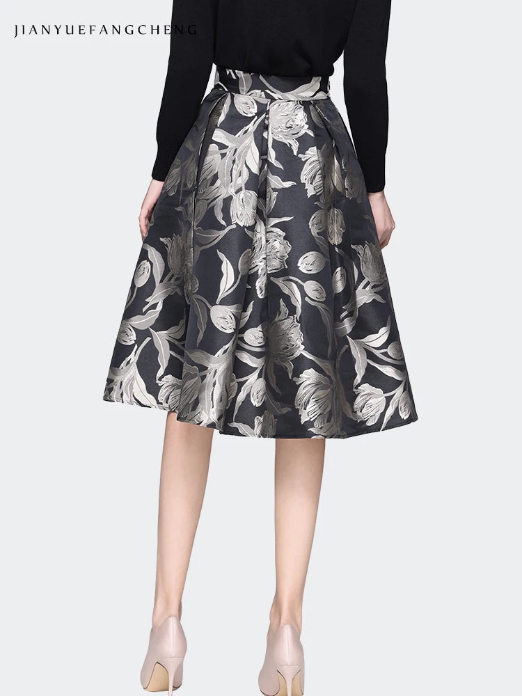 Women Grey Floral Mid-length Skirt 2024 Spring New HIgh Waist A-Line Pleated Knee-length Skirts With Pockets Tutu Skirts