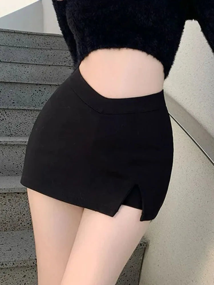 Black Split Mini Skirts Women Summer Sexy Club High Waist Slit Skirt Streetwear Korean Party Fashion Irregular Slim A Line Skirt