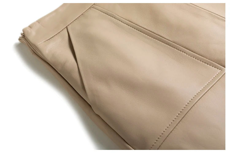 Lambskin Skirt for Women Commuting OL Simplified Vertical Cut 100% Leather Front Split Jupe Mujer Pockets Black Wrap Midi Skirt