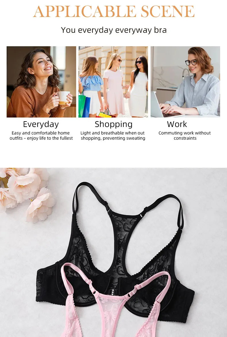 Bra For Womens Front Button Lace Bra Underwire Underwear Elegant Embroidery Beautiful Back Plus Size Lingeire BH Top