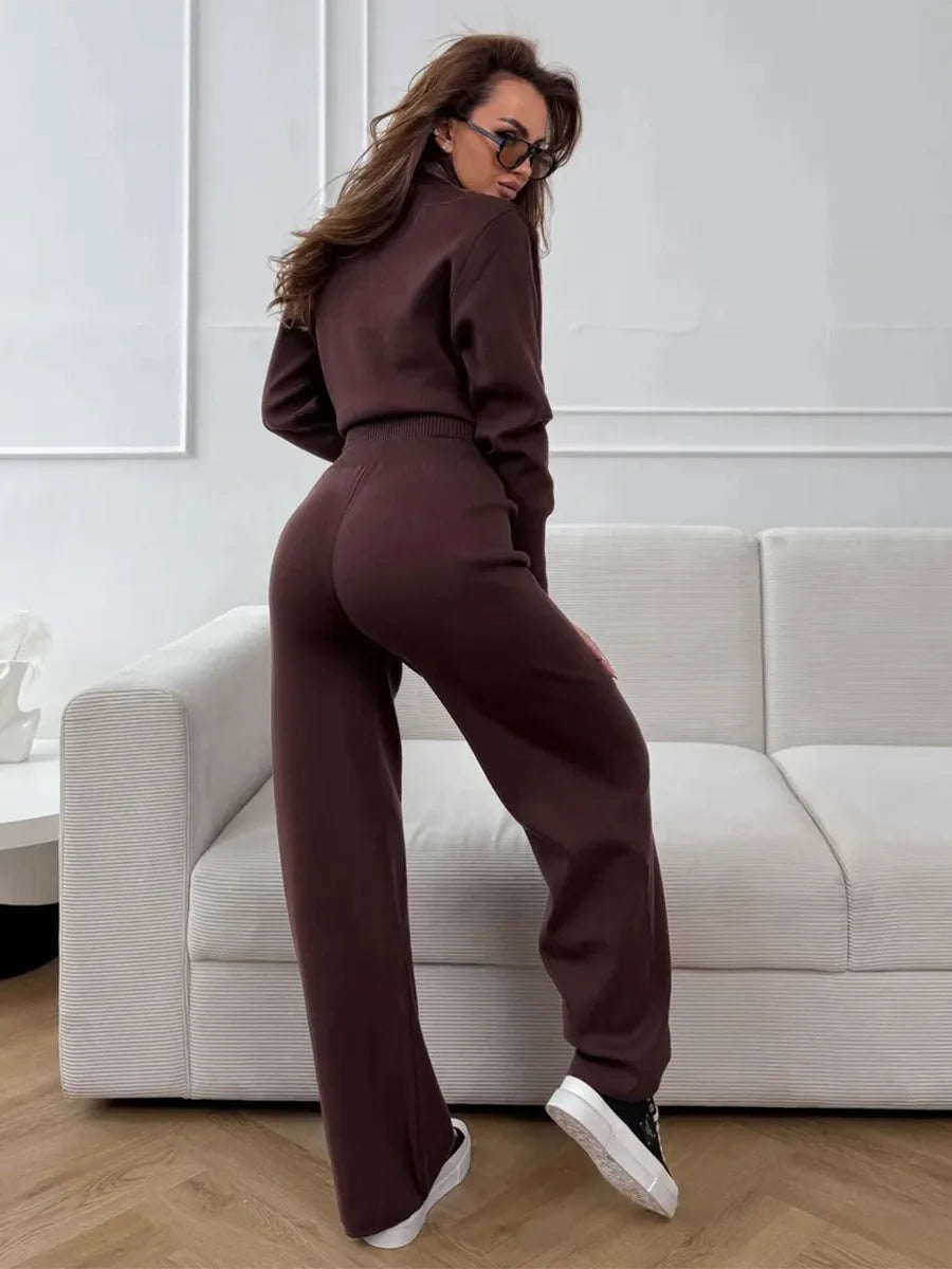 Wolfeel  New Autumn Winter Zip Up Knit Pants Set Women's Trendy Slim Fit Cardigan Pants Chic Commuting Sweater Outfit