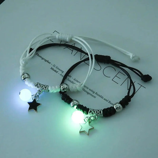2PC Fashion Luminous Beads Star Couple Bracelet for Women Men Charm Cat Flower Heart Moon Love Matching Friend Bracelet Jewelry