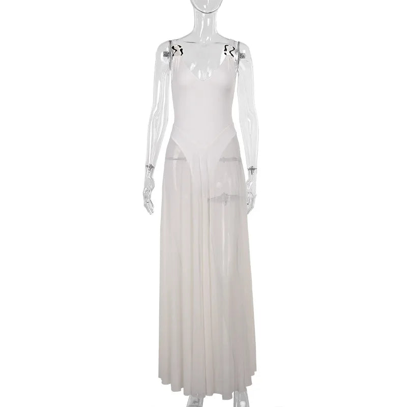 Metal Buckle Sexy Sheer Mesh Pleated Maxi Dress 2026 Fashion Deep V-Neck Spaghetti Straps Backless Long Summer Dresses for Women