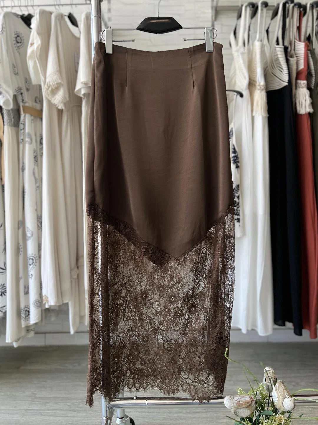 Women Patchwork Lace Skirts 2026 New Vintage High Waist Slim Hollow Out Maxi Skirts Autumn Brown Fashion Party Club Boho Skirt