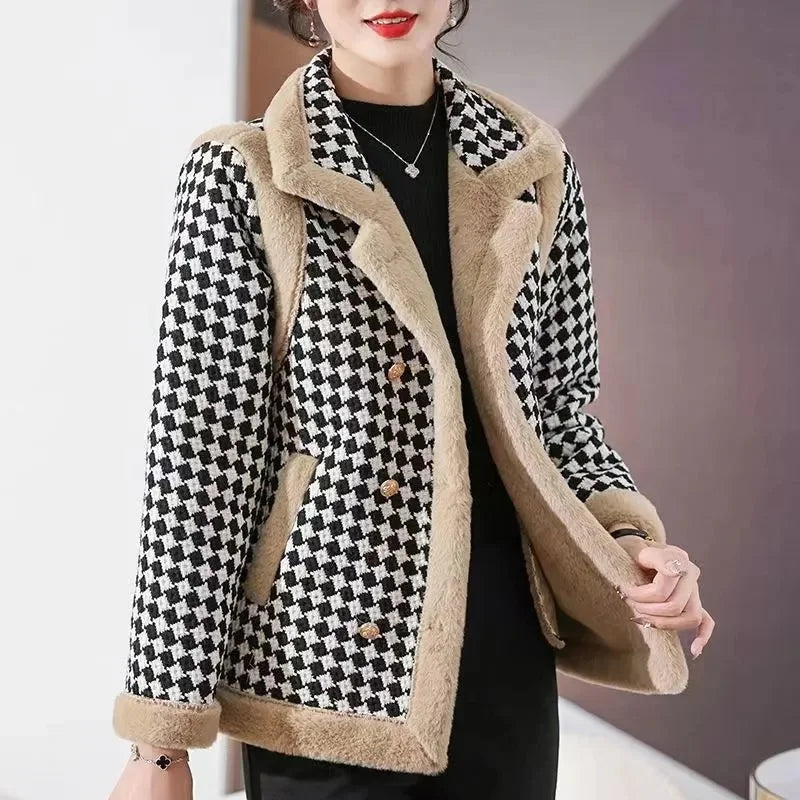 New Autumn And Winter Clothes With Velvet Padded Coat Female Short Korean Version Woolen Lattice Temperament Keep Warm Coat