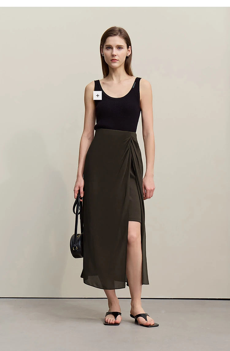 Amii Women's Skirt 2026 Summer Elegant Chiffon Midi Skirt Pleated Side Slit Office Casual Versatile Women's Clothing 12612002