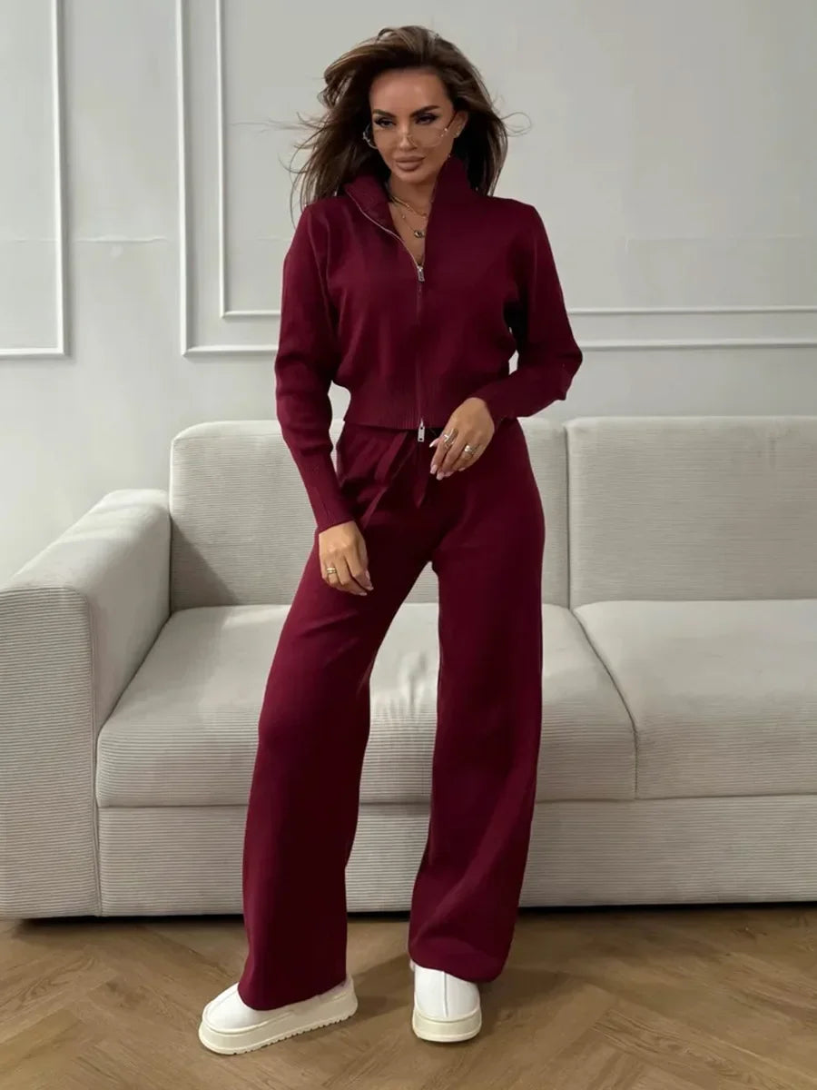 Wolfeel  New Autumn Winter Zip Up Knit Pants Set Women's Trendy Slim Fit Cardigan Pants Chic Commuting Sweater Outfit