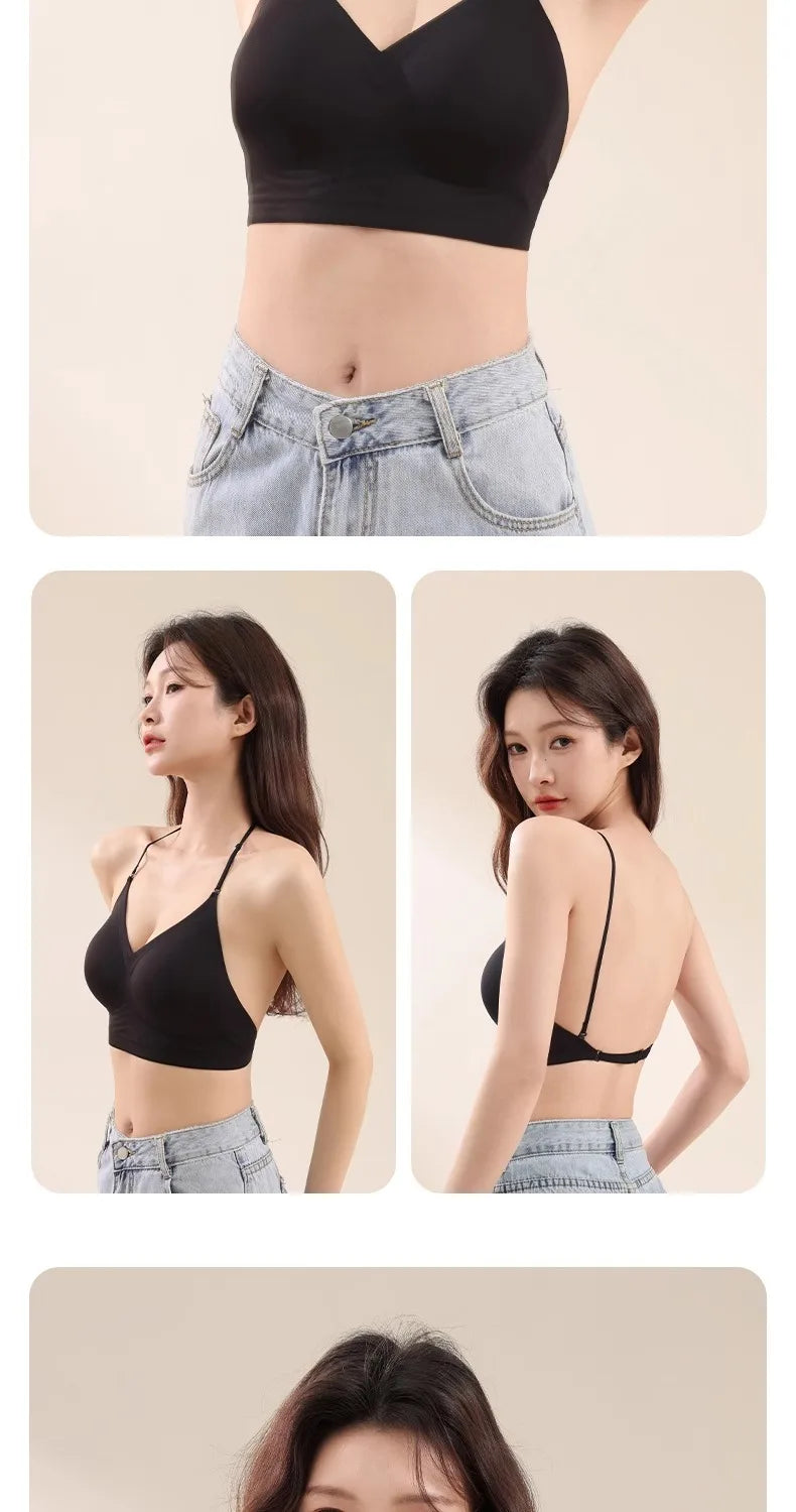 Women's Back-Enhancing Summer Bra: Thin-Strapped, Pushing-Up, Backless, Seamless, Neck-Hook, Modest, Sexy and Comfortable Bra