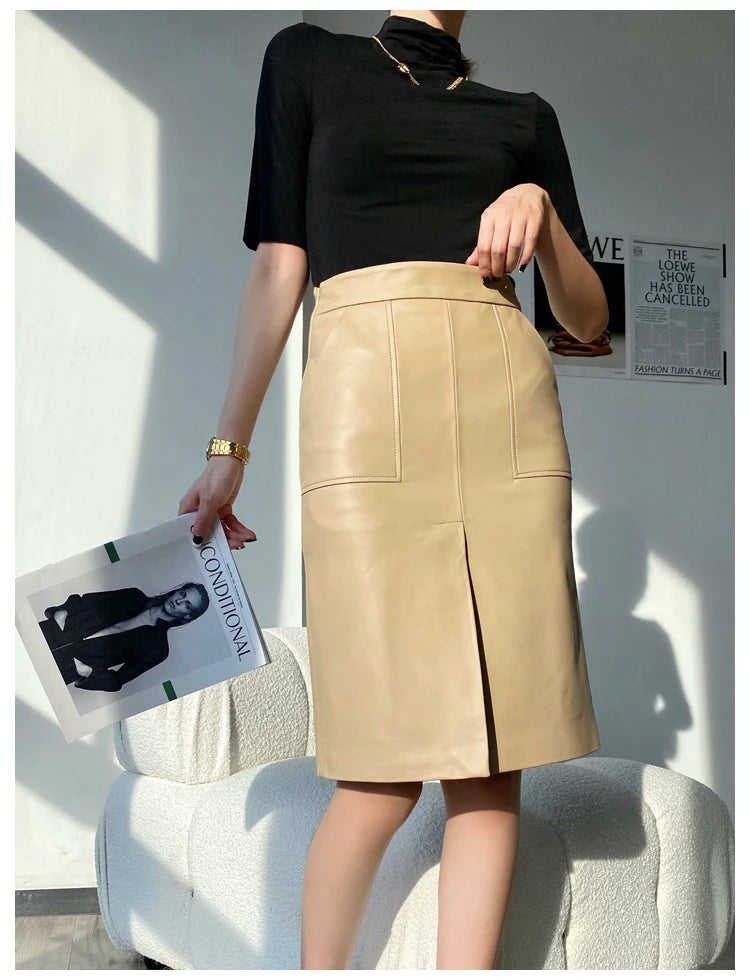 Lambskin Skirt for Women Commuting OL Simplified Vertical Cut 100% Leather Front Split Jupe Mujer Pockets Black Wrap Midi Skirt