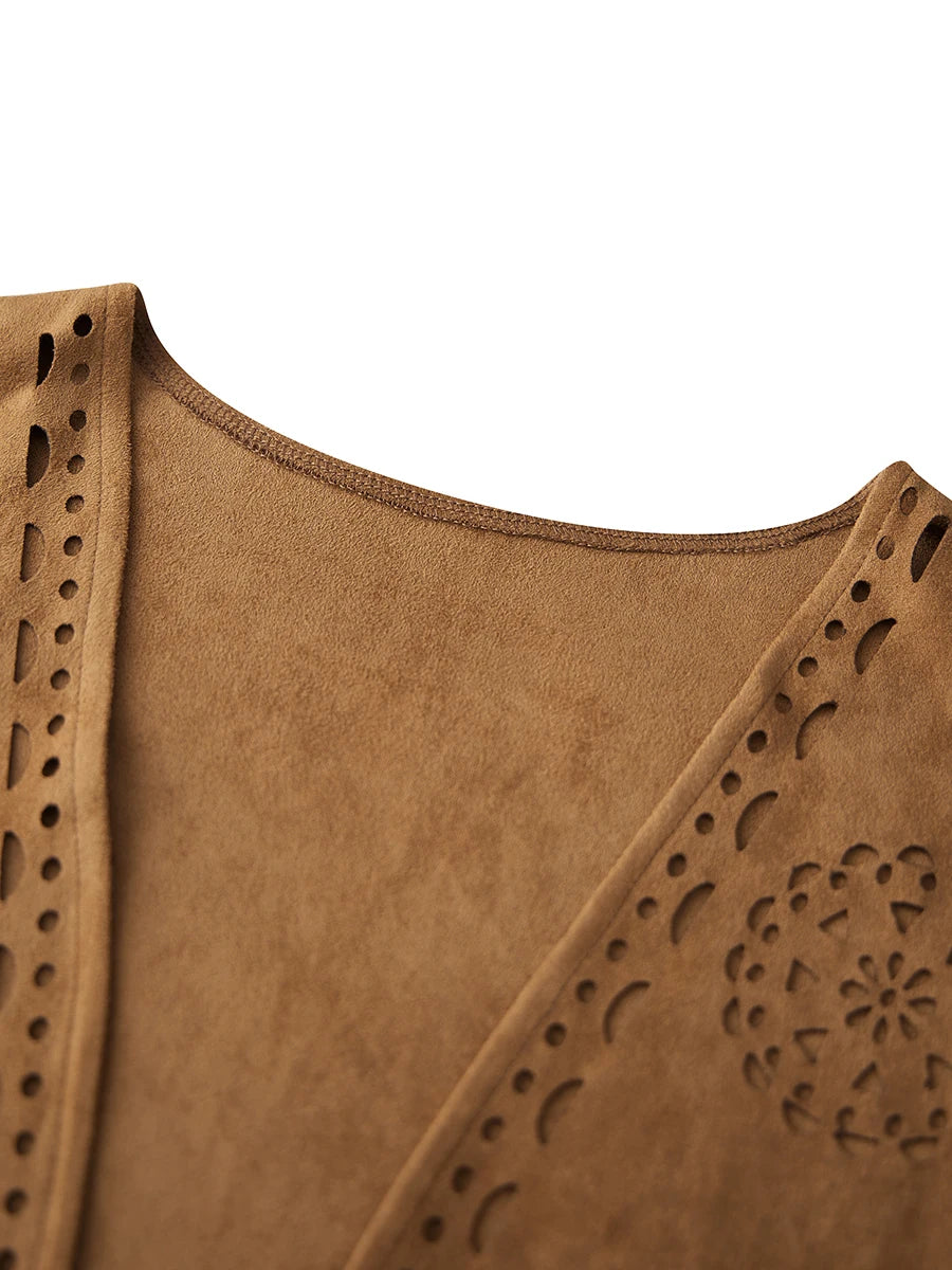 Women Fringe Vest Faux Suede Open Front Vintage Vest Sleeveless Hippie Clothes Boho Western Cowboy Style Short Jackets