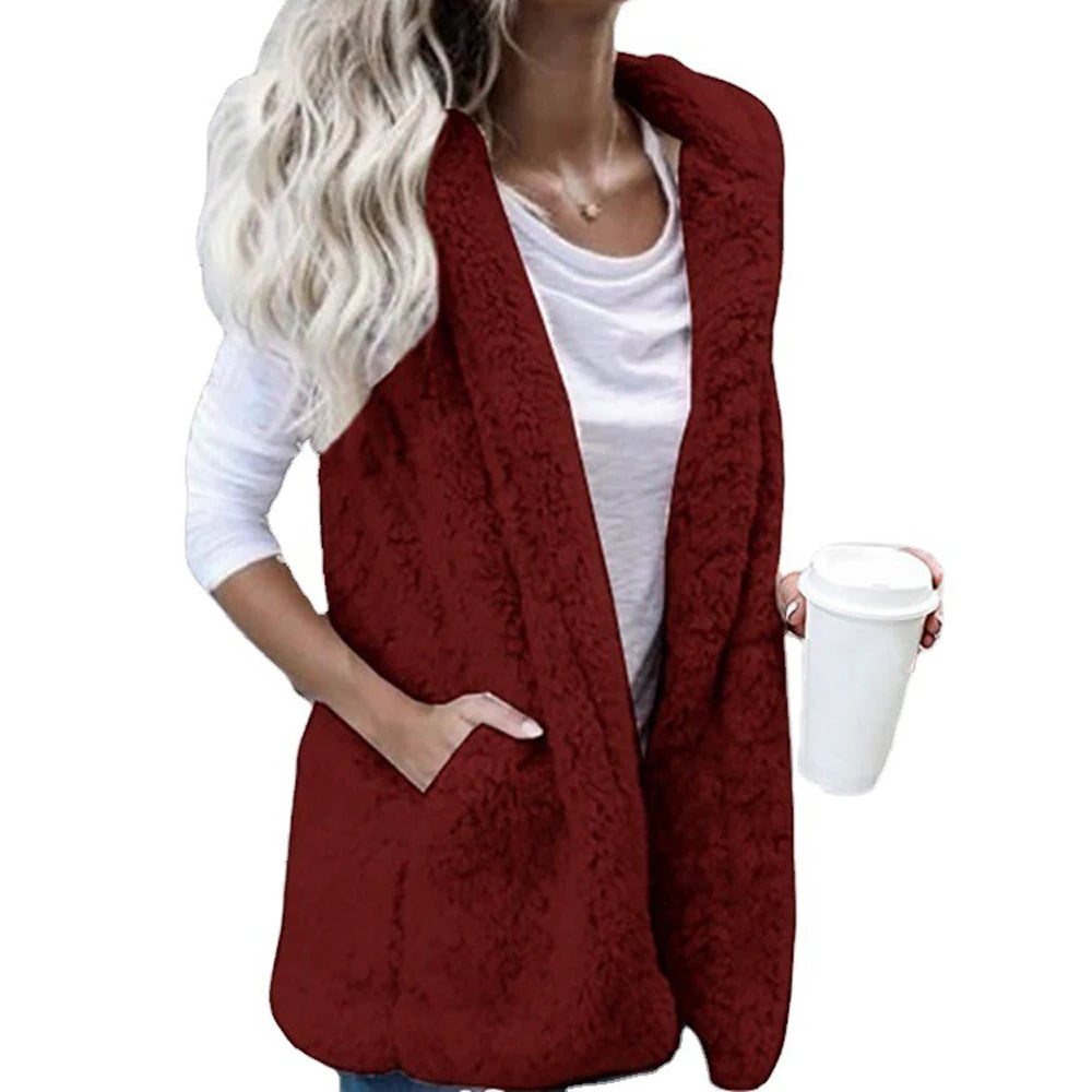 Women Fleece Coats Summer Fashion Pocket Sleeveless Long Loose Waistcoats Outwear LRFZ-6699