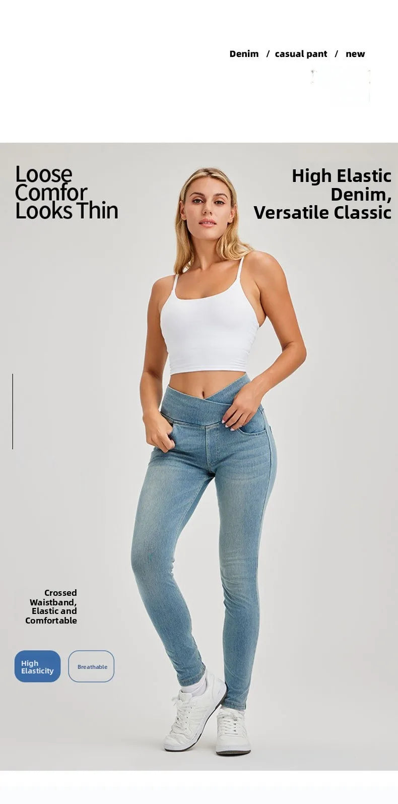 High Waist Cross Fit Women's Skinny Jeans Elastic Fitness Casual Pants Cotton Polyester Inner Lining Running Exercise Jeans