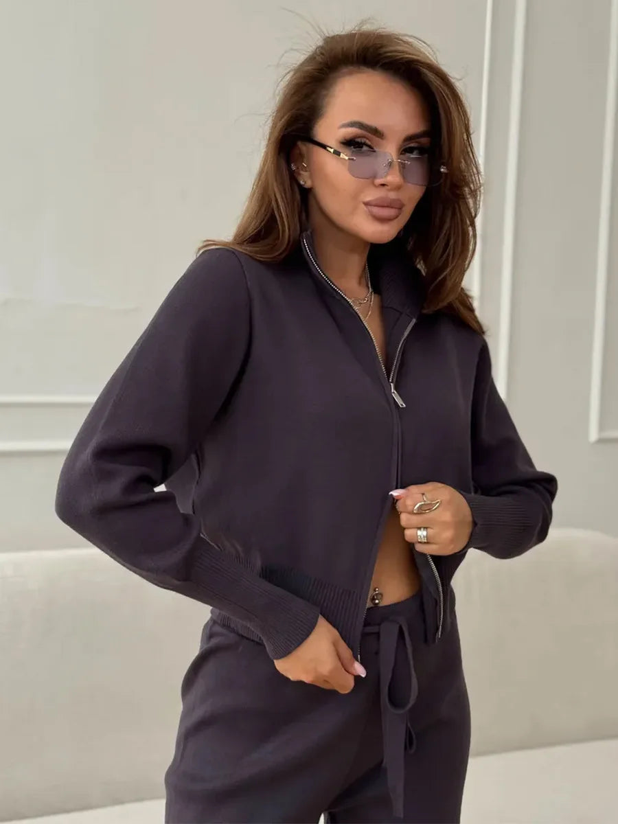 Wolfeel  New Autumn Winter Zip Up Knit Pants Set Women's Trendy Slim Fit Cardigan Pants Chic Commuting Sweater Outfit