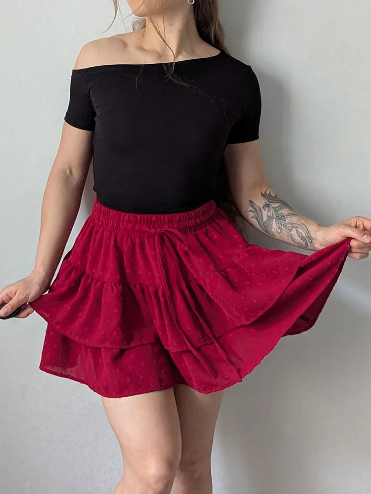 Streamgirl Women Mini Skirts With Shorts Under Summer Clothes Tie Up A Line Short White Pleated Ruffled Layered Skirt For Women