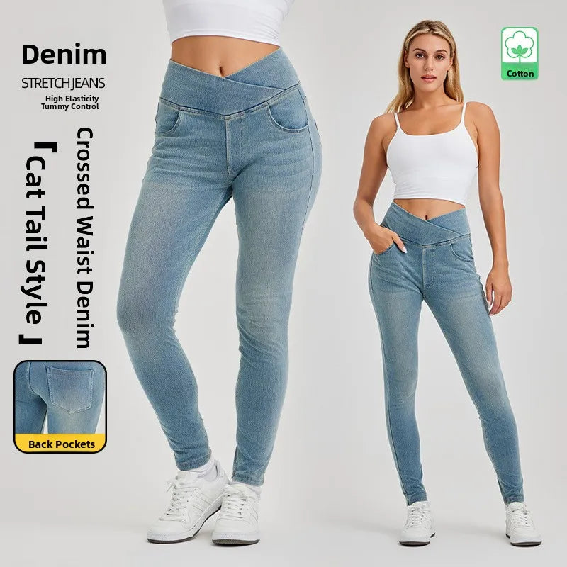 High Waist Cross Fit Women's Skinny Jeans Elastic Fitness Casual Pants Cotton Polyester Inner Lining Running Exercise Jeans