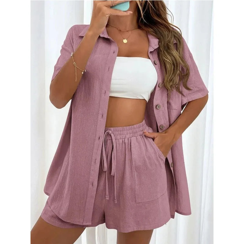 Solid Color Casual Loose Short Pants Sets For Women 2024 Elegant Summer Women's Two Pieces Suit Full Set Female Outfit Clothes