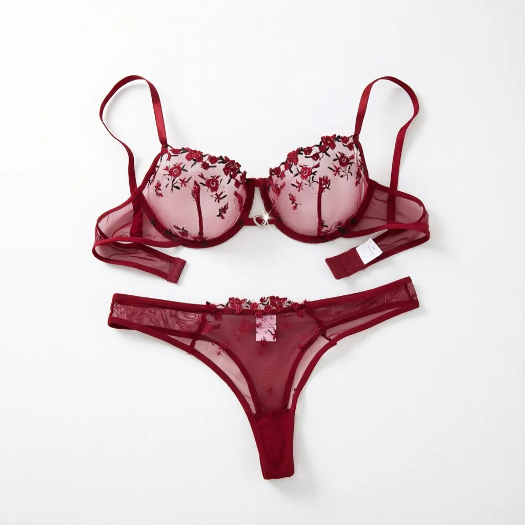 The Wine Red Heart Embroidered Brief Set