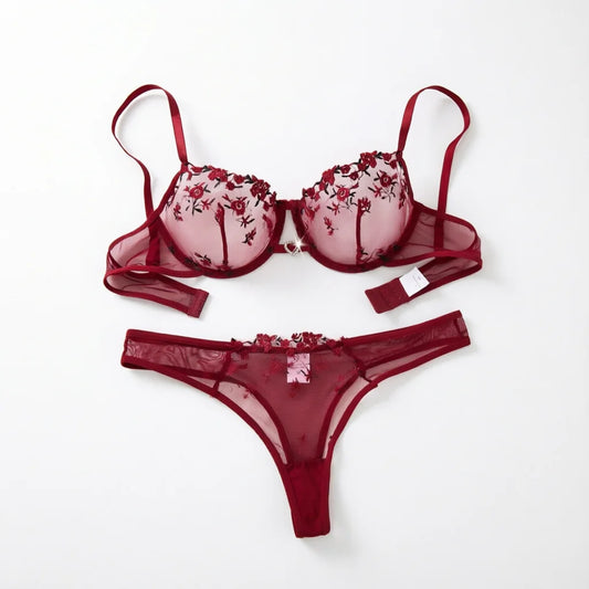The Wine Red Heart Embroidered Brief Set