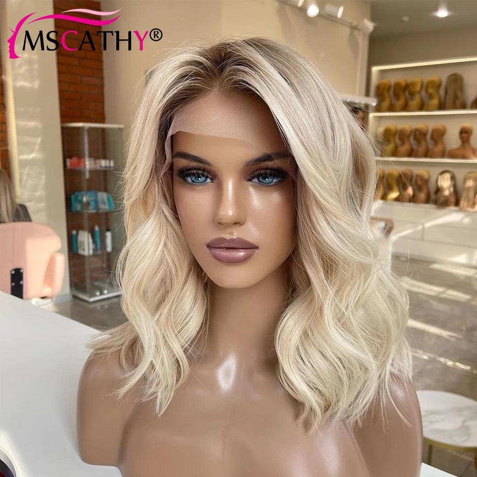 Ash Blonde Ombre Human Hair Wigs For Women Body Wave HD Transparent Lace Frontal Wig Brazilian Remy Hair Short Bob Wig Pre Pluck