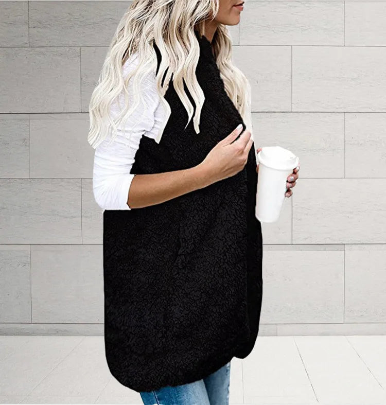 Women Fleece Coats Summer Fashion Pocket Sleeveless Long Loose Waistcoats Outwear LRFZ-6699