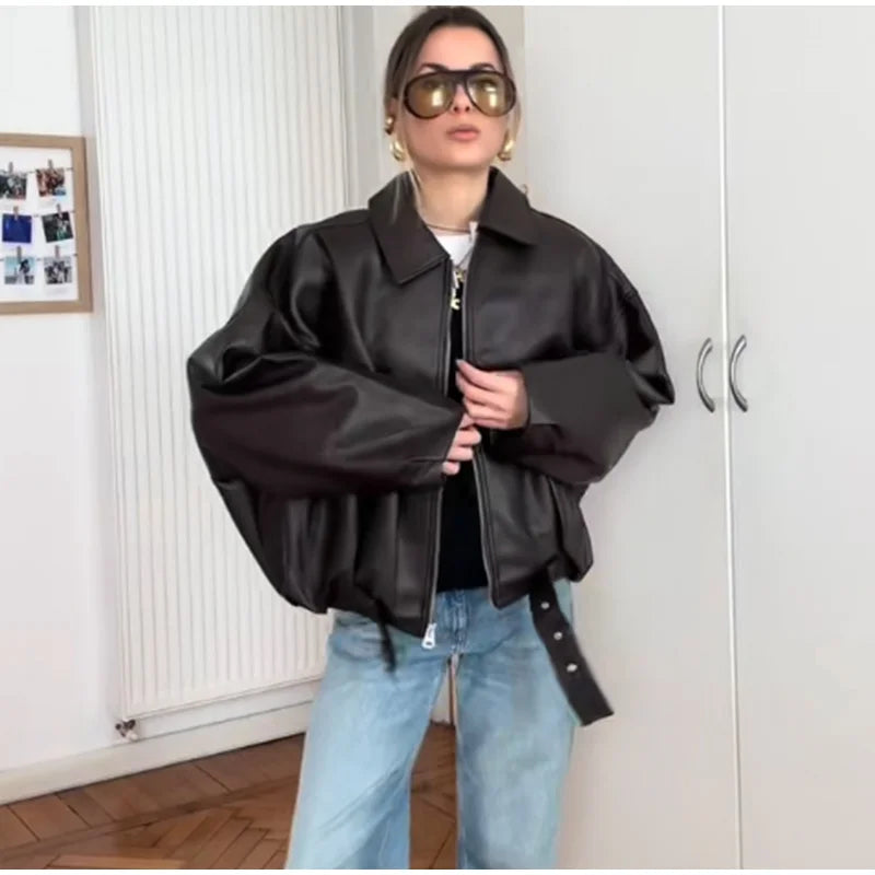 The Belted PU Bomber Jacket