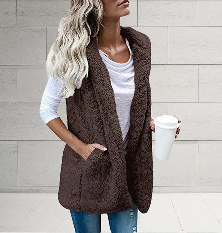 Women Fleece Coats Summer Fashion Pocket Sleeveless Long Loose Waistcoats Outwear LRFZ-6699