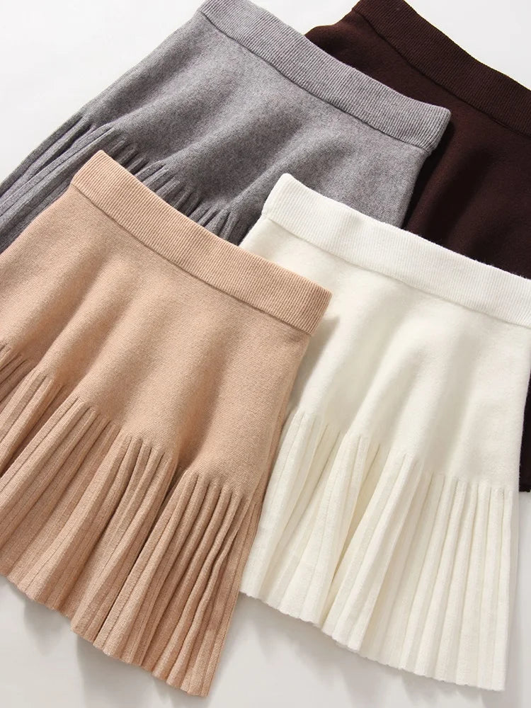 Black Mini Pleated Skirt Gray Women Elastic Waist Short Knitted Skirt For Autumn White A Line Knit Short School Skirt For Women